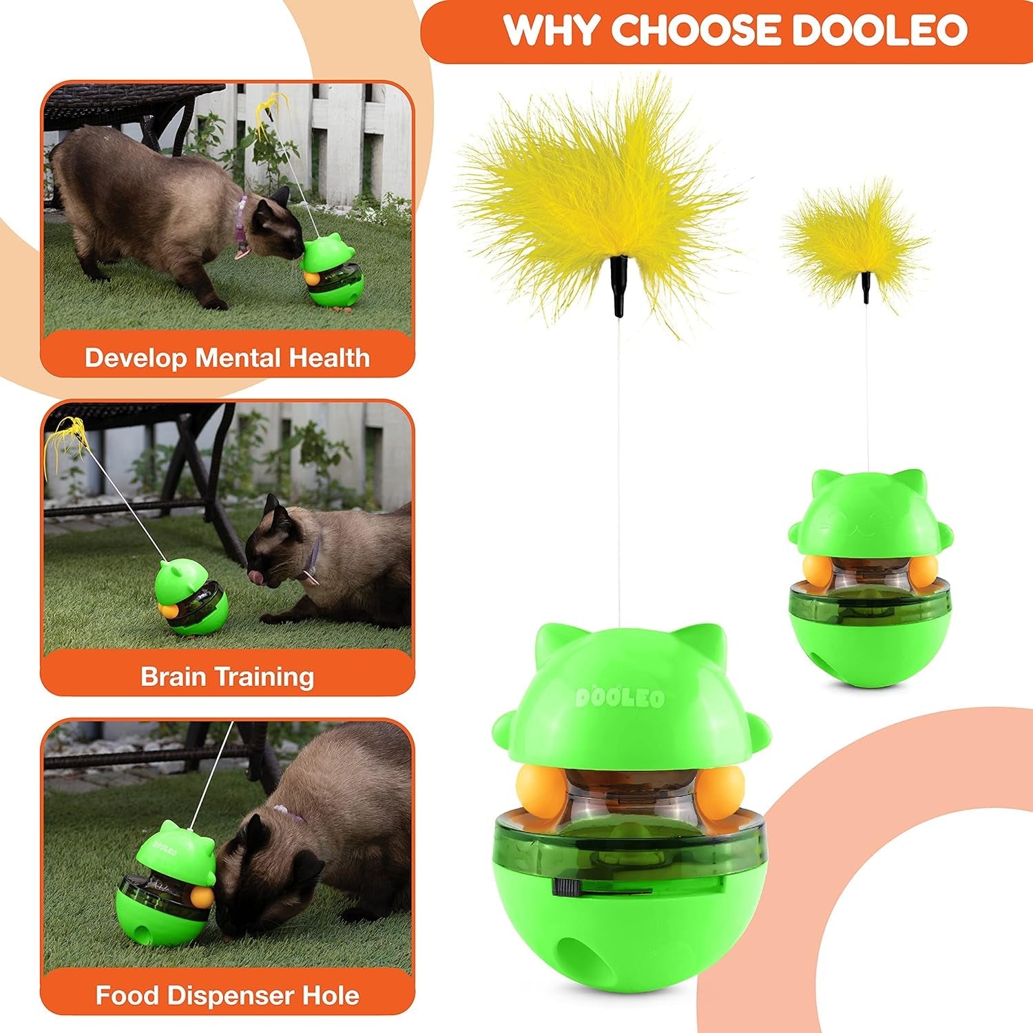 2 in 1 Cat Treat Dispenser Toy - Food Tumbler Toys with Feather | Indoor Interactive Pet Food Dispensing Feeder Puzzle Toy | Brain Stimulating Toys for Doggy, Kitten, Puppy & Cat (Green)