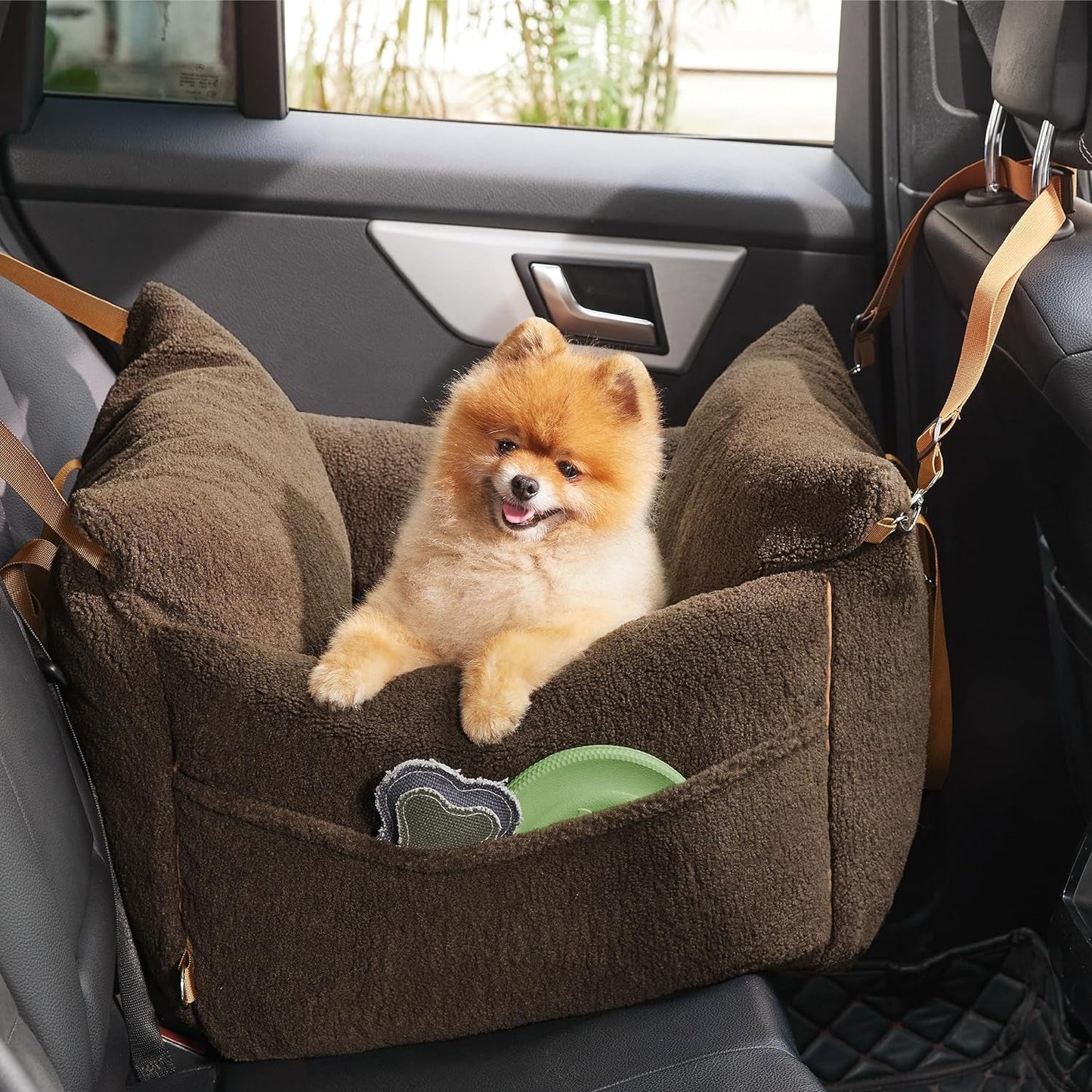 Lesure Small Dog Car Seat for Small Dogs - Sherpa Dog Booster Seat for Car with Storage Pockets and Clip-On Safety Leash and Thickened Memory Foam Filling, Puppy Travel Carrier Bed, Espresso