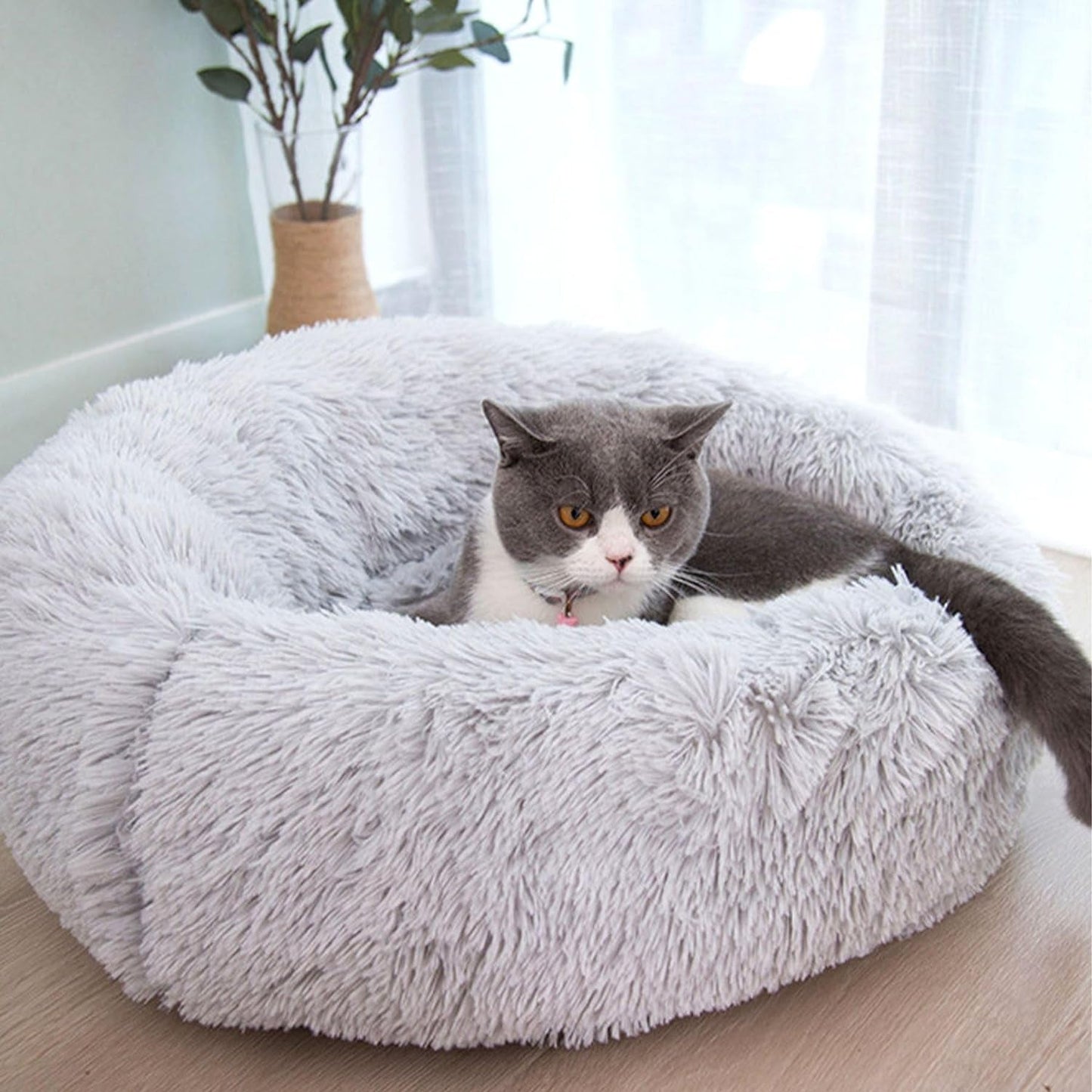 Cat Beds for Indoor Cats, 20 Inches Cat Bed Fluffy round Dog Bed Calming Soft Plush Donut Cat Bed Anti-Slippuppy Pet Bed Cat Beds for Small Medium Dogs Kittens (Grey)