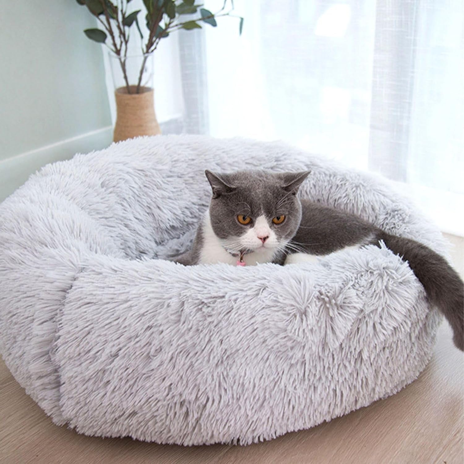 Cat Beds for Indoor Cats, 20 Inches Cat Bed Fluffy round Dog Bed Calming Soft Plush Donut Cat Bed Anti-Slippuppy Pet Bed Cat Beds for Small Medium Dogs Kittens (Grey)