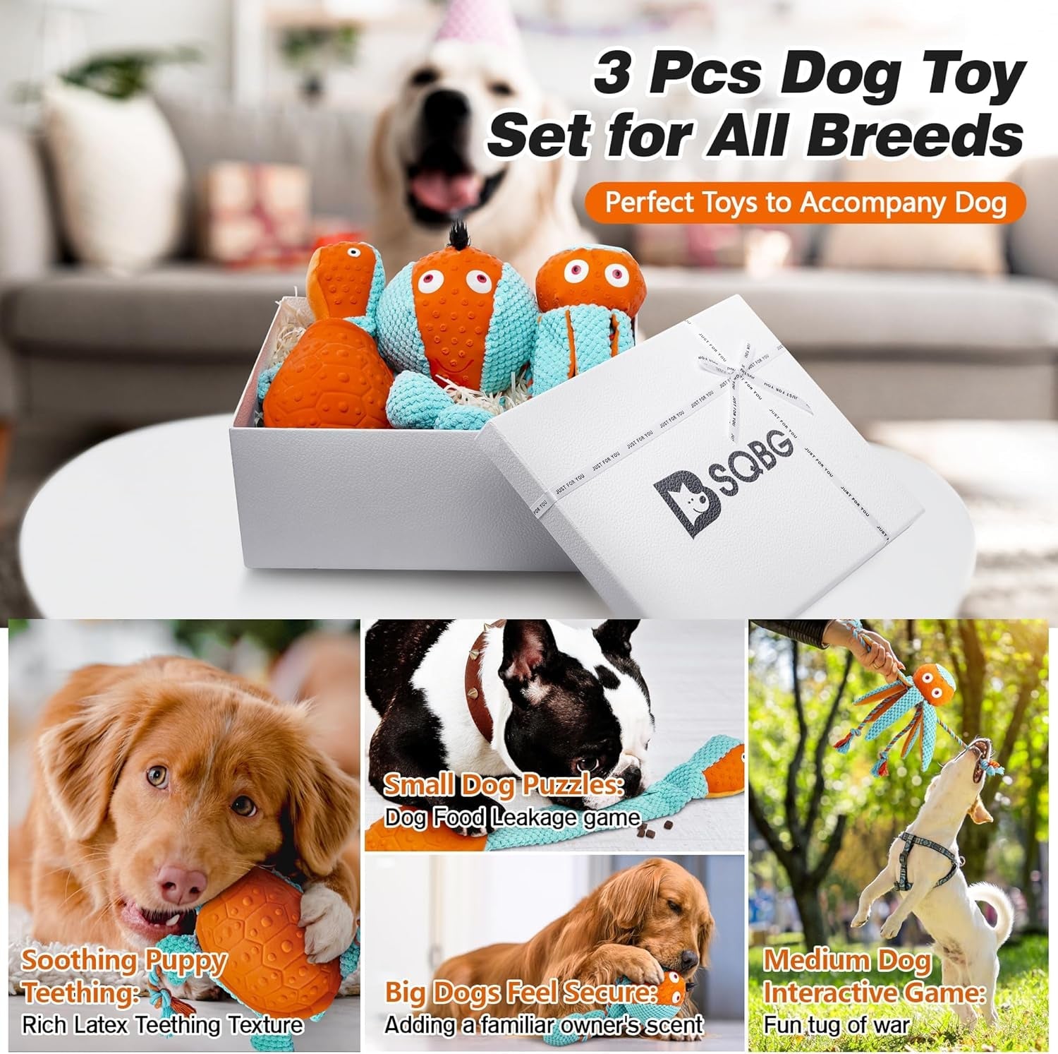 3 Pcs Stuffed Dog Squeaky Toys Pack for Large Dogs,Medium Dogs,Small Dogs,Puppies,Interactive Dog Plush Toy for Boredom,Dog Stuffed Animals Chew Toy to Cuddle,Crinkle Dog Toy Tug-Of-War