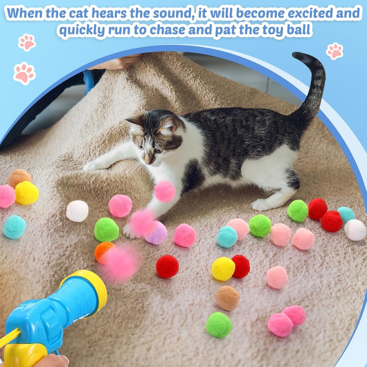 4 Pcs Cat Toys Balls Launcher with 200 Cat Pom Pom Balls Colorful and Soft Plush Ball Shooting Gun Cat Toy Interactive Cat Plush Balls for Indoor Cats Training and Playing