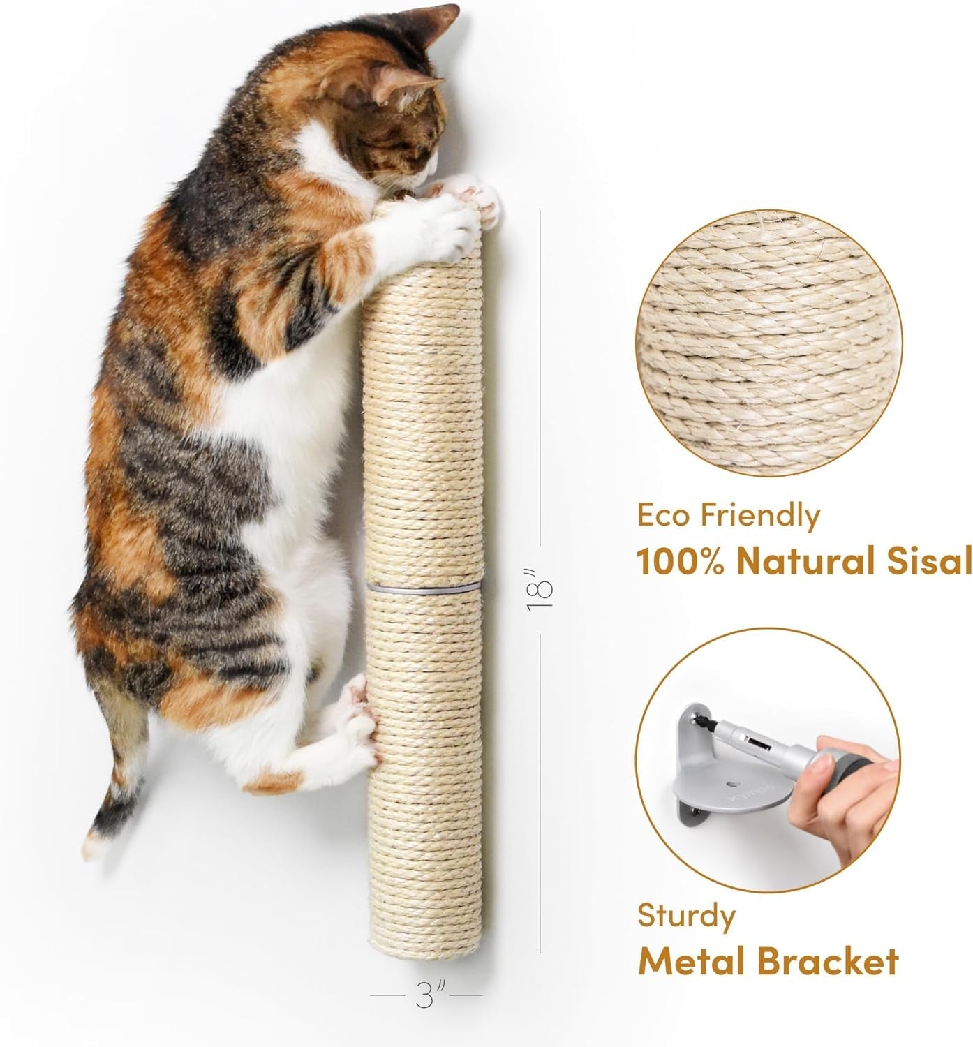 18" Compact Wall Mounted Cat Scratcher, Sisal Scratching Post