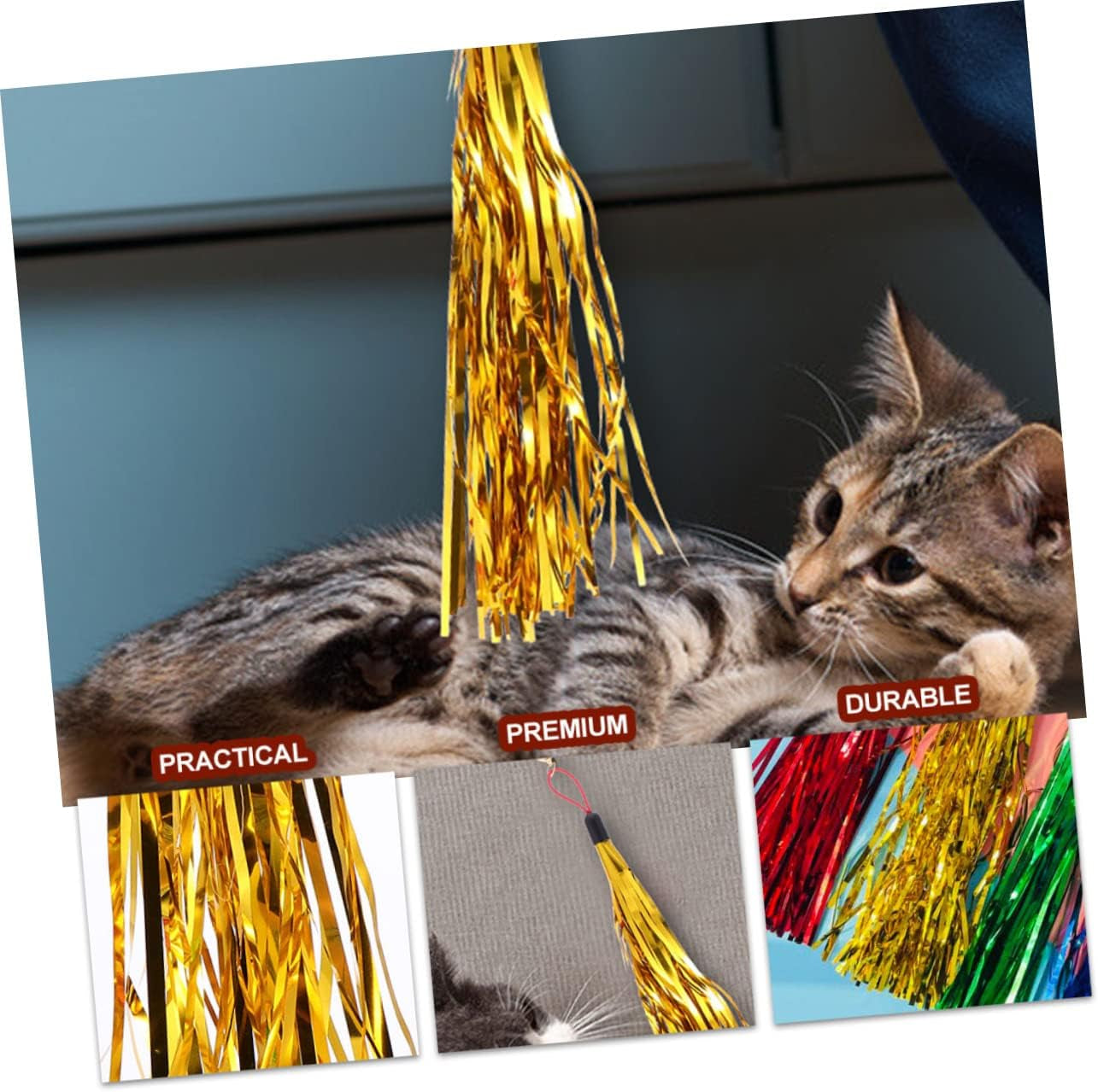 15Pcs Replacement Tinsel for Interactive Wand Replacements Lightweight Tissue Stick Cat Paper Bell Headband Toy with Funny Kitten Random Refills Foil Tassel