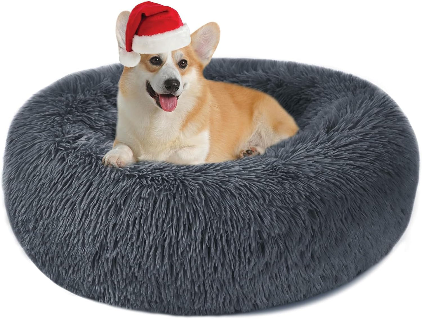 Nepfaivy Calming Dog Cat Bed - round Donut Small Dog Bed, Fluffy Luxury Puppy Bed, Anti-Anxiety Plush Pet Bed Washable, Cozy Soft Self Warming Doggy Pillow Bed, Waterproof Anti-Slip Bottom