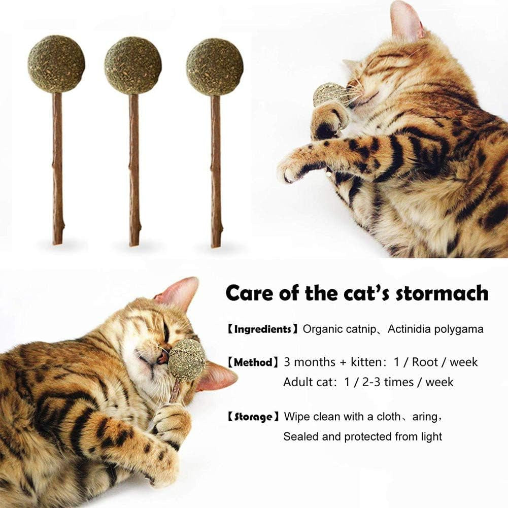 3 Pack Cat Catnip Sticks Mint Ball, Natural Matatabi Silvervine Sticks Cat Dental Chews Catnip Lollipop, Cat Treats Catnip Toys for Cat Teeth Cleaning Oral Care Helps with Bad Breath