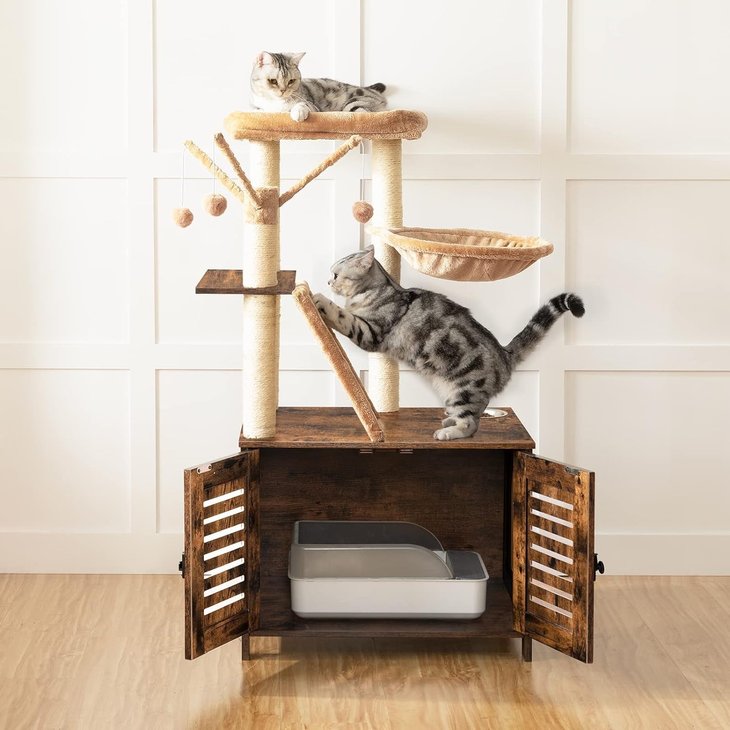 HOOBRO Cat Tree with Litter Box Enclosure, 44" Tall Wooden Cat Tower with Scratching Posts, Cat Hammock, Hidden Litter Box Furniture, All-In-One Indoor Cat Condo, Rustic Brown FG48MZ03