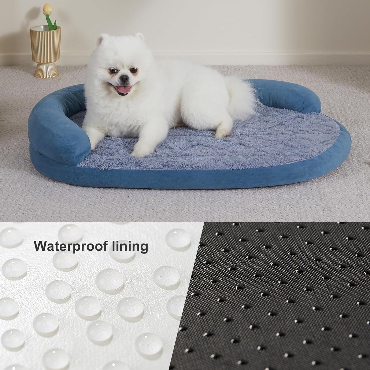 Jiupety Dog Bed with Egg-Crate Foam, Waterproof Dog Bed with Half Oval Pillow, Easy to Enter and Exit, Excellent Cloth, High-Gain Egg-Crate Sponge, Luxury, Waterproof, Soft and Comfy (Blue)