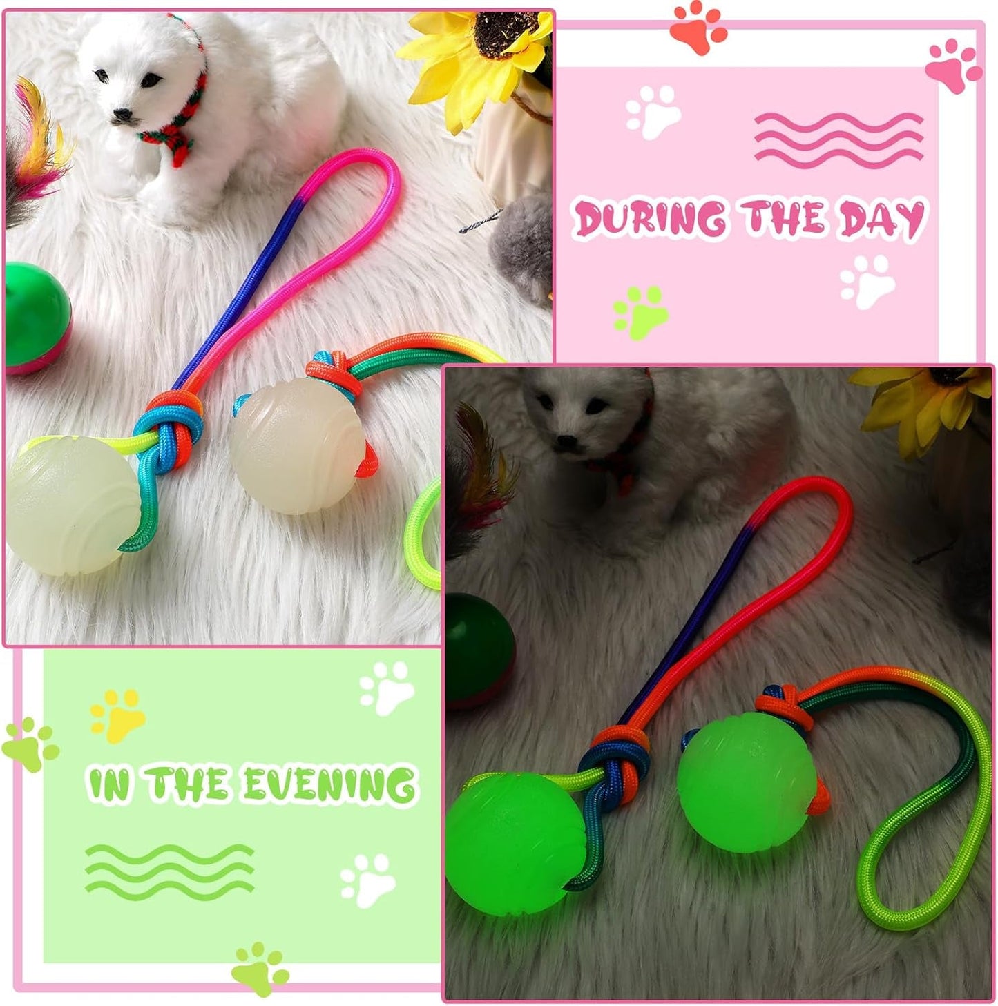 2 Pcs Dog Training Ball on Rope Glow in the Dark Dog Ball 2.36 Inch Dog Rope Toys with 12 Inch Rope for Small Large Medium Dogs Glowing Interactive Dog Pull Reward Fetch Exercise Ball Toy