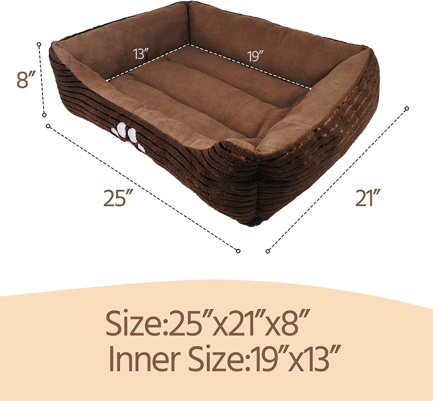 Long Rich HCT REC-005 Reversible Rectangle Pet Bed with Dog Paw Printing, Coffee, by Happycare Textiles, 25 by 21 Inches