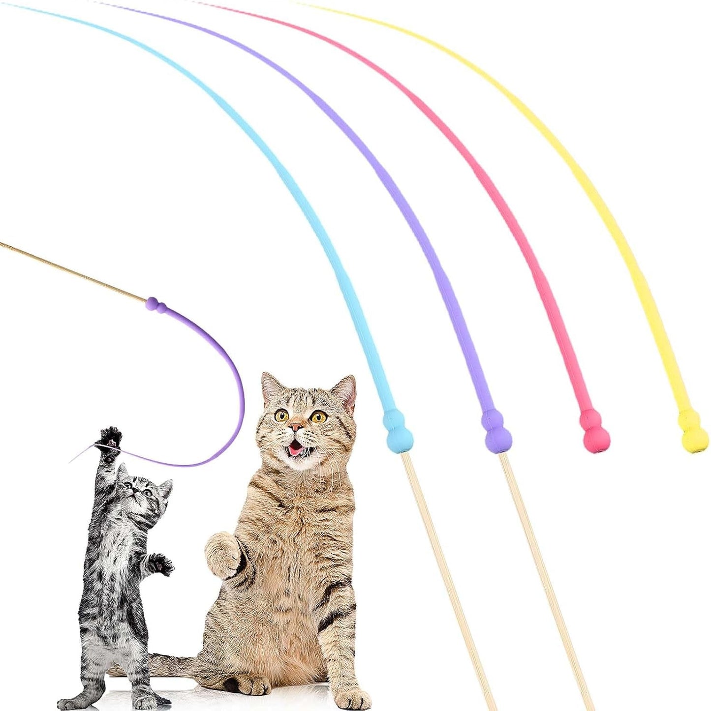 2 Pcs Cat Toy Bamboo Cat Teaser Wand with 4 Replaceable Silicone Mimicking Animals Swing Tail Interactive Cat Toys for Bored Indoor Adult Cats Chase and Exercise