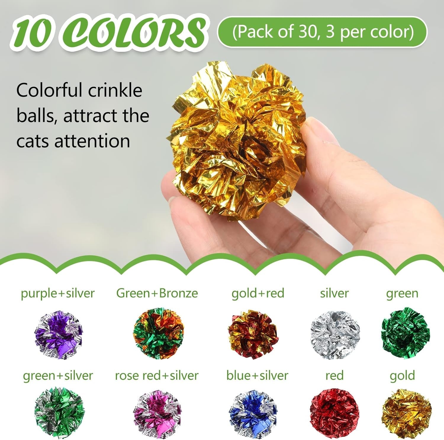 30 Pcs Polyester Film Cat Crinkle Balls Toys, Colorful Fuzzy Balls Lightweight Chew Cat Sponge Jingle Balls Cat Toys for Indoor Cats Kittens to Keep Fit (Crinkle Balls)