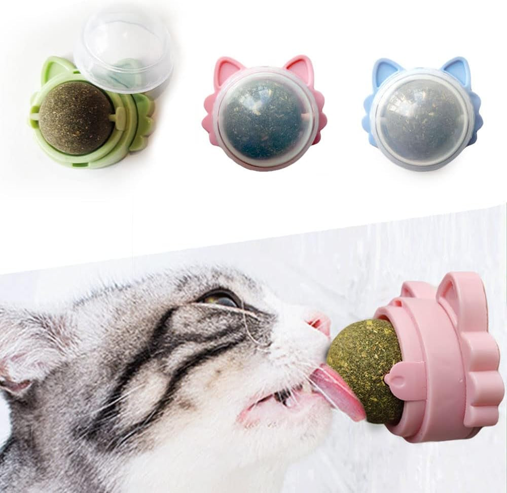 2 Pcs Catnip Balls, Pure Natural Mint Leaf Rotating Interactive Cat Toys, Cat Removal Hairball Toys Can Be Sticky on Wall, Teeth Cleaning Catmint Toy for Cat, Kitten, Kitty Playing Chewing