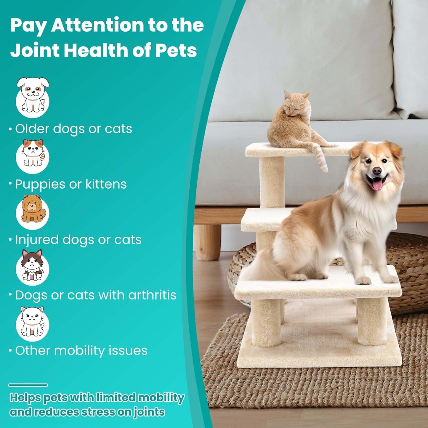 AGYM Pet Stairs, 3 Steps Wooden Stairs for Senior Cats and Dogs, Stable 19.5 Inch Multi-Step Pet Stairs for High Beds & Sofas Protect Pet'S Joints, Joint Injuries or Other Pets with Limited Mobility