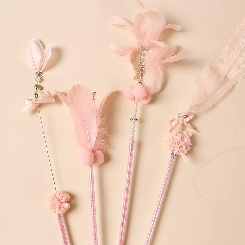 4 Pcs Cat Toy on Stick, Cat Feather Wand Toys, String Cat Toy,Cat Toys for Indoor Cats Blue