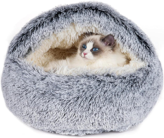 Cat Beds & Dog Bed with Cover Cave, Dog Beds for Small Dogs, round Soft Plush Donut Calming Pet Bed for Indoor Cats or Small Dog, Washable Puppy Bed with Non-Slip Bottom-16Inch