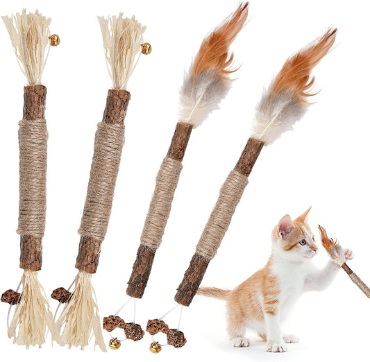 4 Pack Natural Silvervine Sticks, Catnip Toy Cat Chews Stick Toys for Indoor Cats Kitten, Teeth Molar Cleaning Relieve Interactive Silvervine Cat Nips Toy with Bell, Reduce Boredom Cats Accessories