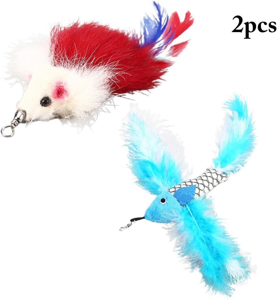 2PCS Interactive Faux Feather Mouse and Fish Cat Teaser Toy Replacement - Entertaining Plush Accessories for Feline Fun