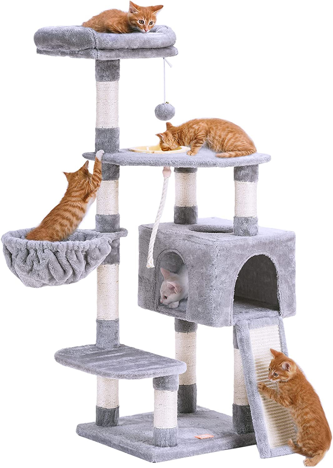 Heybly Cat Tree with Cat Self Groomer Brush, Cat Tower Condo for Indoor Cats with Padded Plush Perch,Feeding Bowl,Cat House with Basket Scratching Board Post, Light Gray HCT005SW