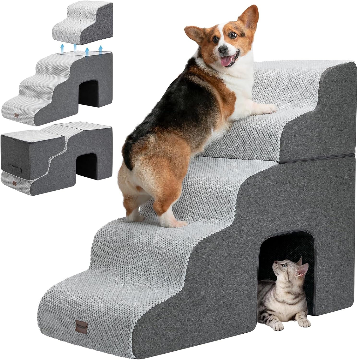 Dog Stairs for High Beds, 4-Step Dog Steps for Small Dogs and Cats, Foldable Pet Stairs for High Bed Climbing, Non-Slip Balanced Pet Step Indoor, Light Grey