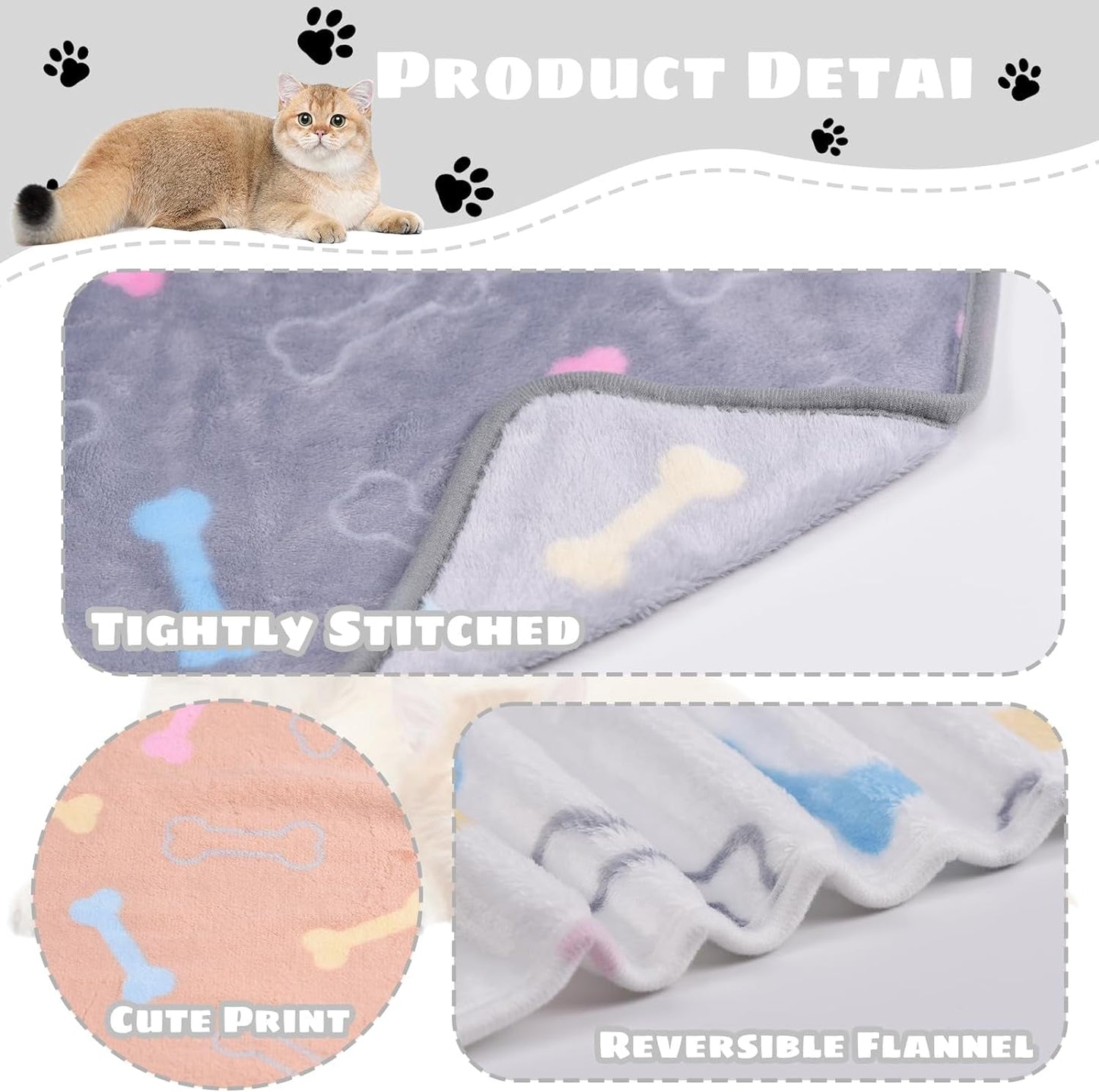 1 Pack 3 Dog Blankets Super Soft Puppy Blankets Fluffy Premium Fleece Pet Blanket for Small Dogs Puppy Cat Bone Series-Grey/Orange/White Large(40"X30")