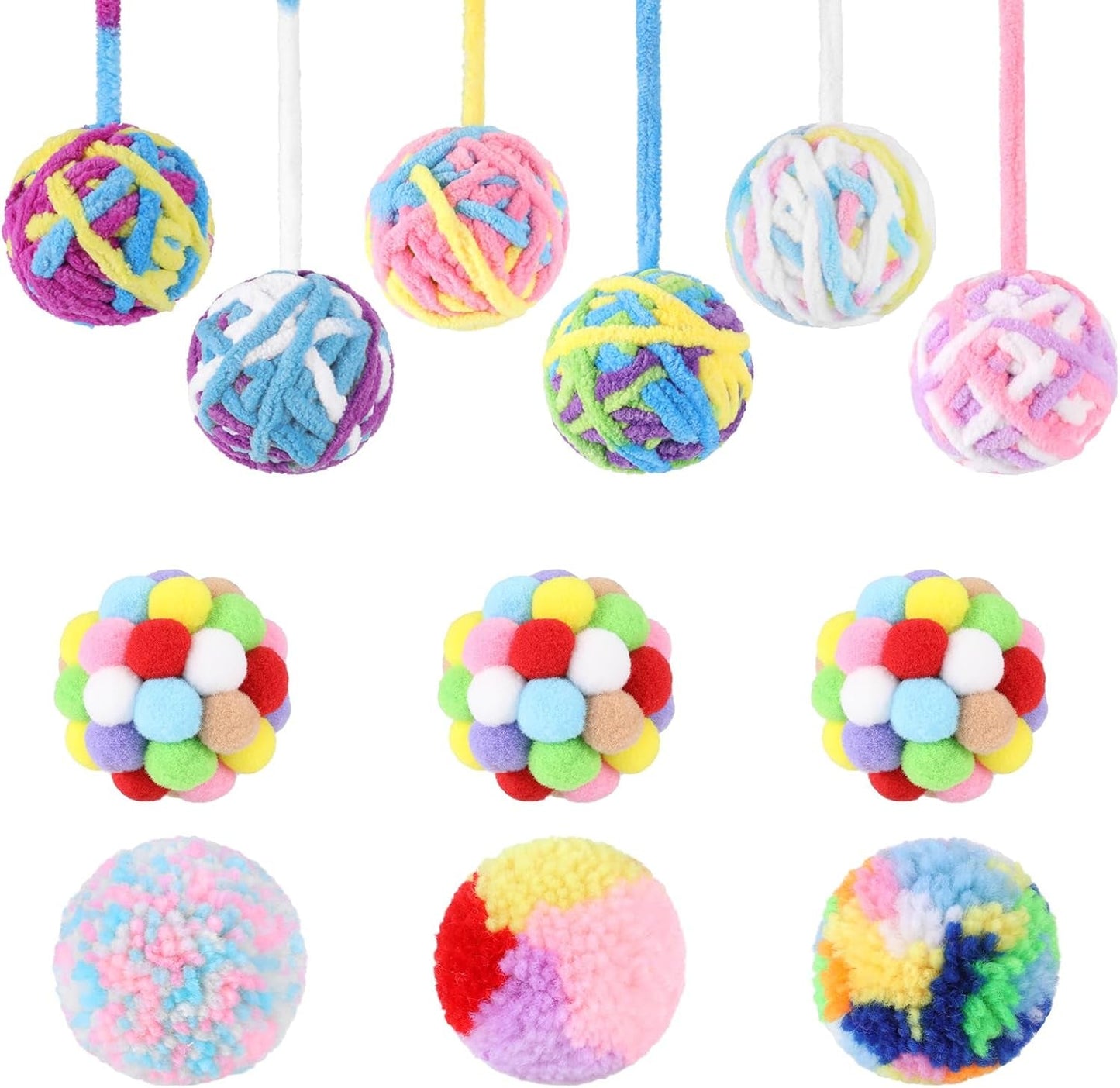 12 Pack Ferret Toys Ball Set,Yarn Balls for Cats Rainbow Cat Toy Balls, Colorful Woolen Yarn Ferret Balls Cat Pom Pom Balls Interactive Sound Toy for Ferret Cat Kittens(2/2.2/2.4Inch)