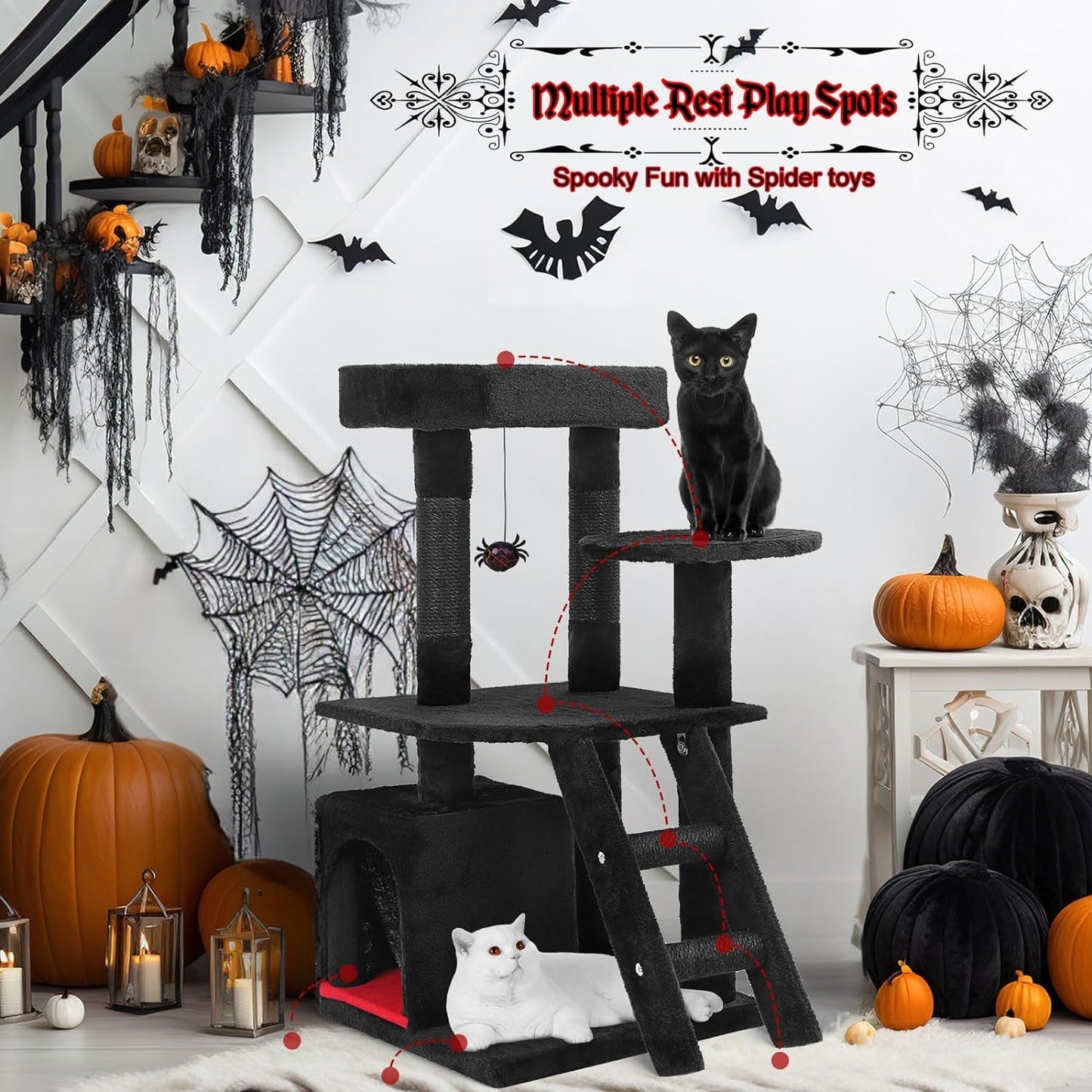 MOOACE Gothic Cat Tree with Coffin Beds, 32.6"Cat Tower Climbing for Indoor Cat with Spacious Cat Condo, Scratching Post, Pompom Toys, Tall Halloween Kitten House Furniture for Cats Stuff, Black Cage