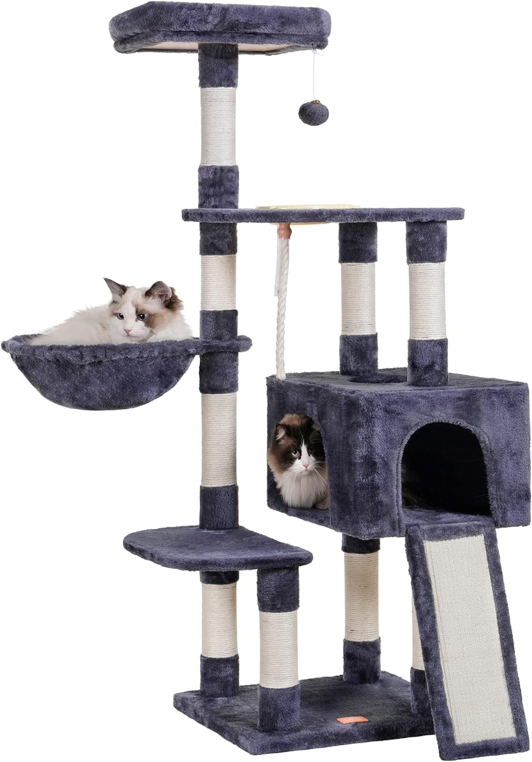 Heybly Cat Tree with Cat Self Groomer Brush, Cat Tower Condo for Indoor Cats with Padded Plush Perch,Feeding Bowl,Cat House with Basket Scratching Board Post, Light Gray HCT005SW