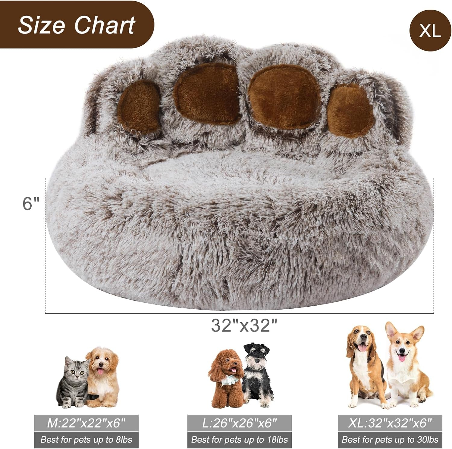 Jiupety Dog Bed with Standing Paws | Upgraded Soothing Paw Dog Bed | Cozy Comfy Dog Bed | Creative Dog Donut Bed with Bear Paws | Gray XL 32”X32”X10” | Pet Paw Dog Bed for Medium Dogs