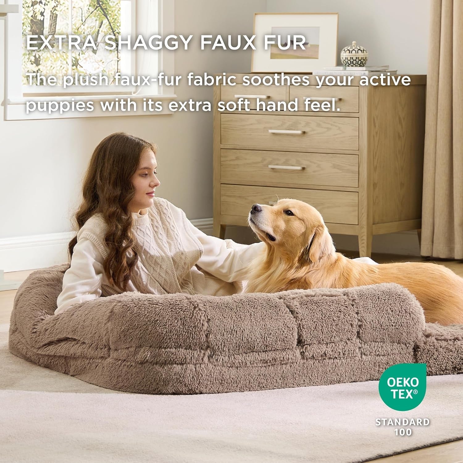 Bedsure Foldable Human Dog Bed for People Adults, 2 in 1 Calming Human Size Giant Dog Bed Fits Pet Families with Egg Foam Supportive Mat and Waterproof Liner, Faux Fur Orthopedic Dog Sofa, Camel