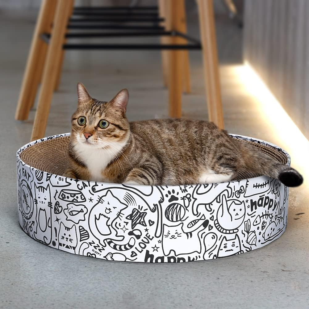 2 Pack Cat Scratcher Box with 3 PCS Scratching Pads, Reversible Corrugated Cardboard Lounge Bed with Feather Toy and Balls Recyclable Cat Scratcher Cardboard for Indoor Cats