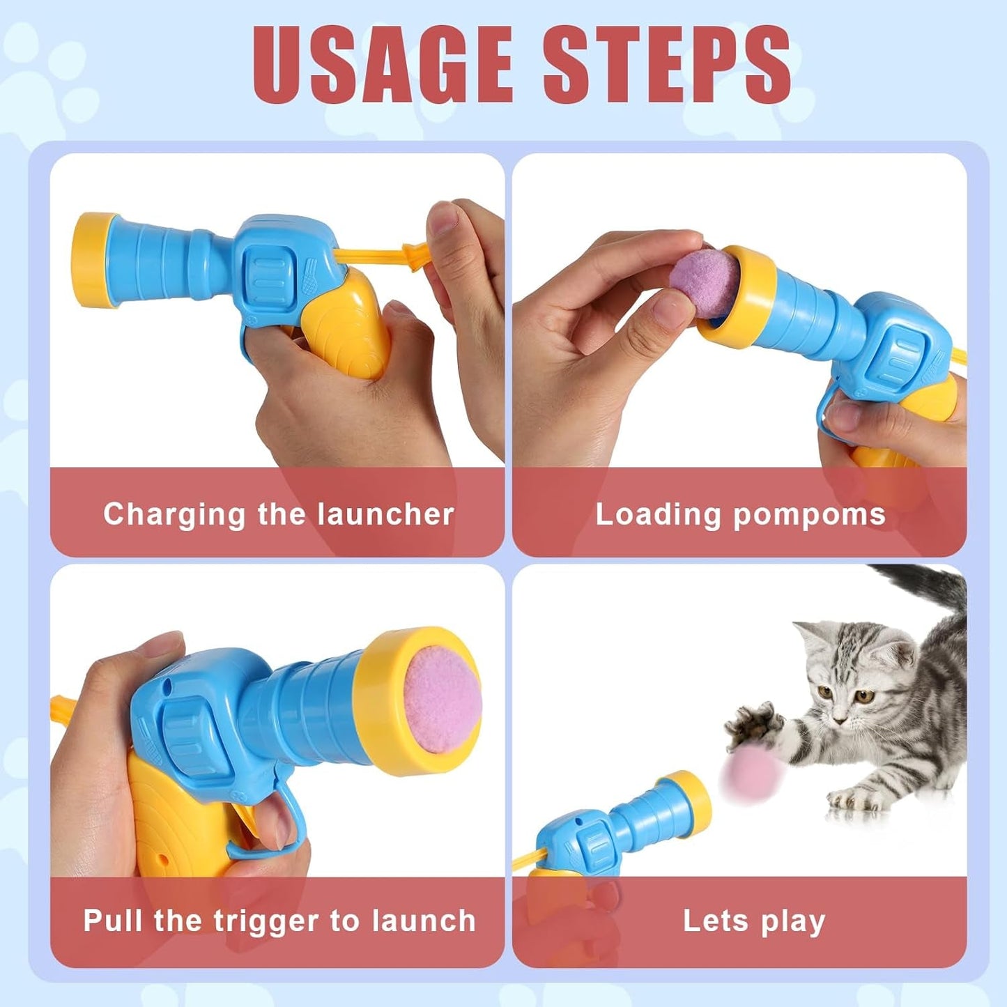 2Pcs Cat Toy Balls Launcher, Interactive Cat Toy Ball with 30 Soft Pom Pom Balls Kitten Toys Cat Toys for Indoor Cats for Training Playing Pet Supplies