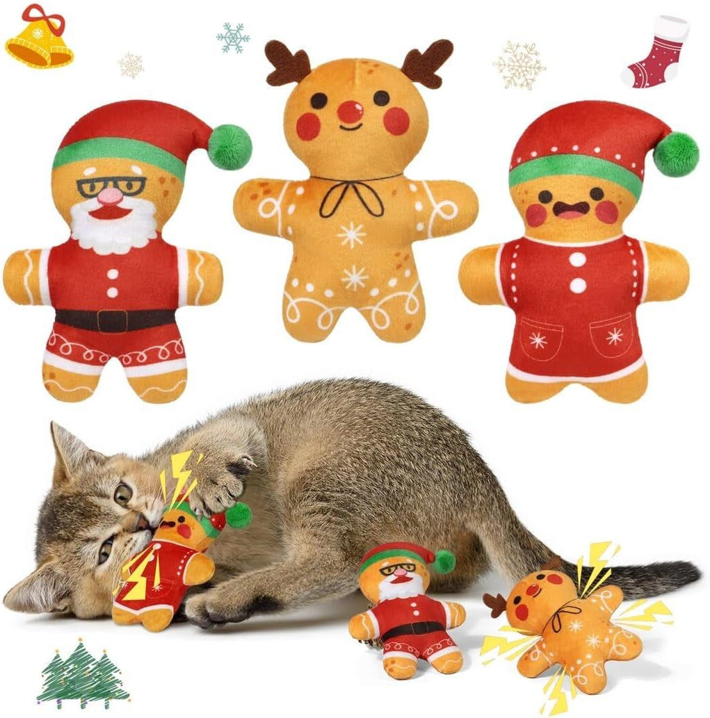 3-Pack Christmas Catnip Toys Interactive Cats, Catnip Filled Cat Teething Toy, Kitten Chew Plush Gift, Festive Catnip Crinkle Toy