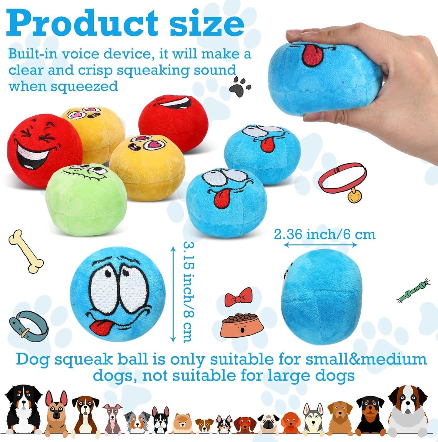 20 Pcs 3.15'' Soft Squeaky Dog Toys Bulk, Smile Face Dog Squeaky Toys, Squeaky Dog Balls for Small Medium Pets Dogs Puppies Training Interactive Fetch Play