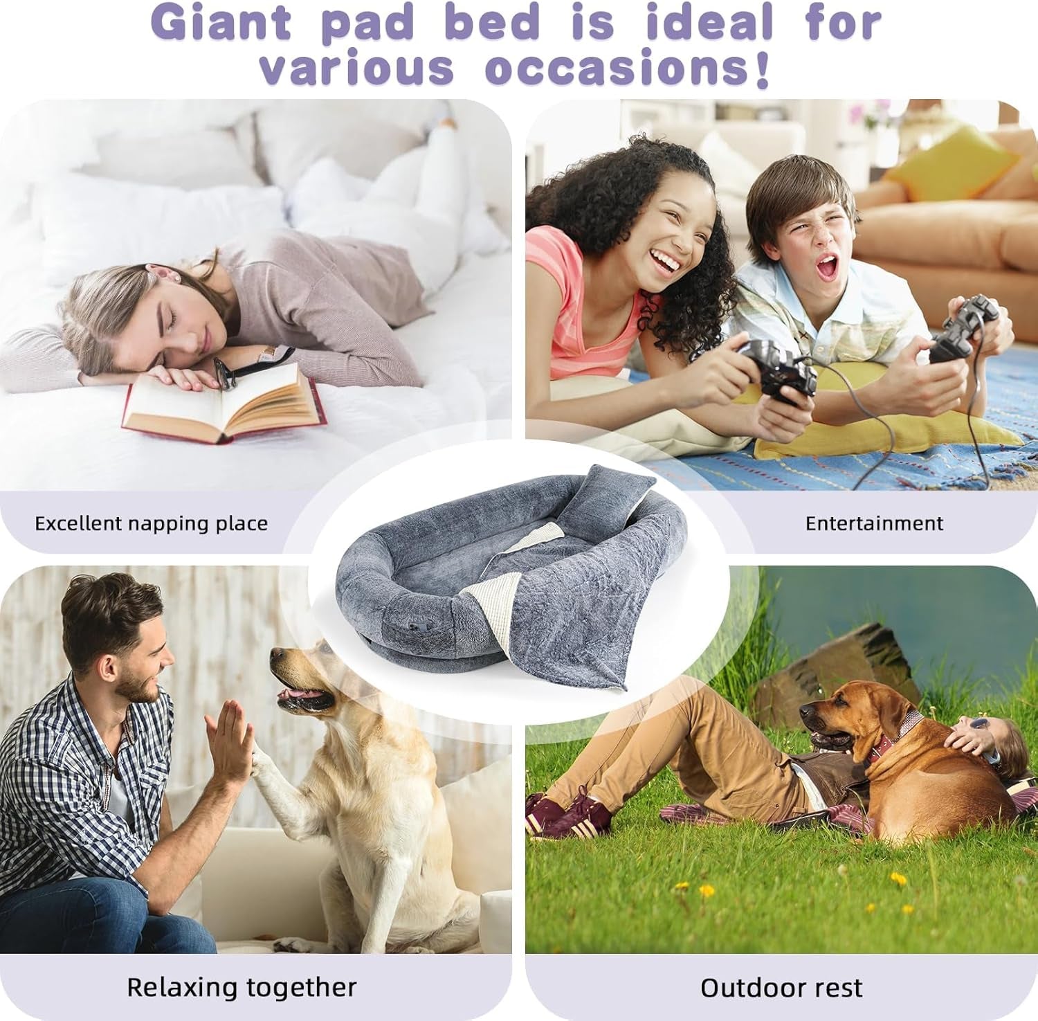 Human Dog Bed, Giant Dog Bed for Humans with Washable Faux Fur, Adult Size Napping Dog Bed for Humans, Kids, and Pets, Presented with Plump Pillows&Blanket- Grey