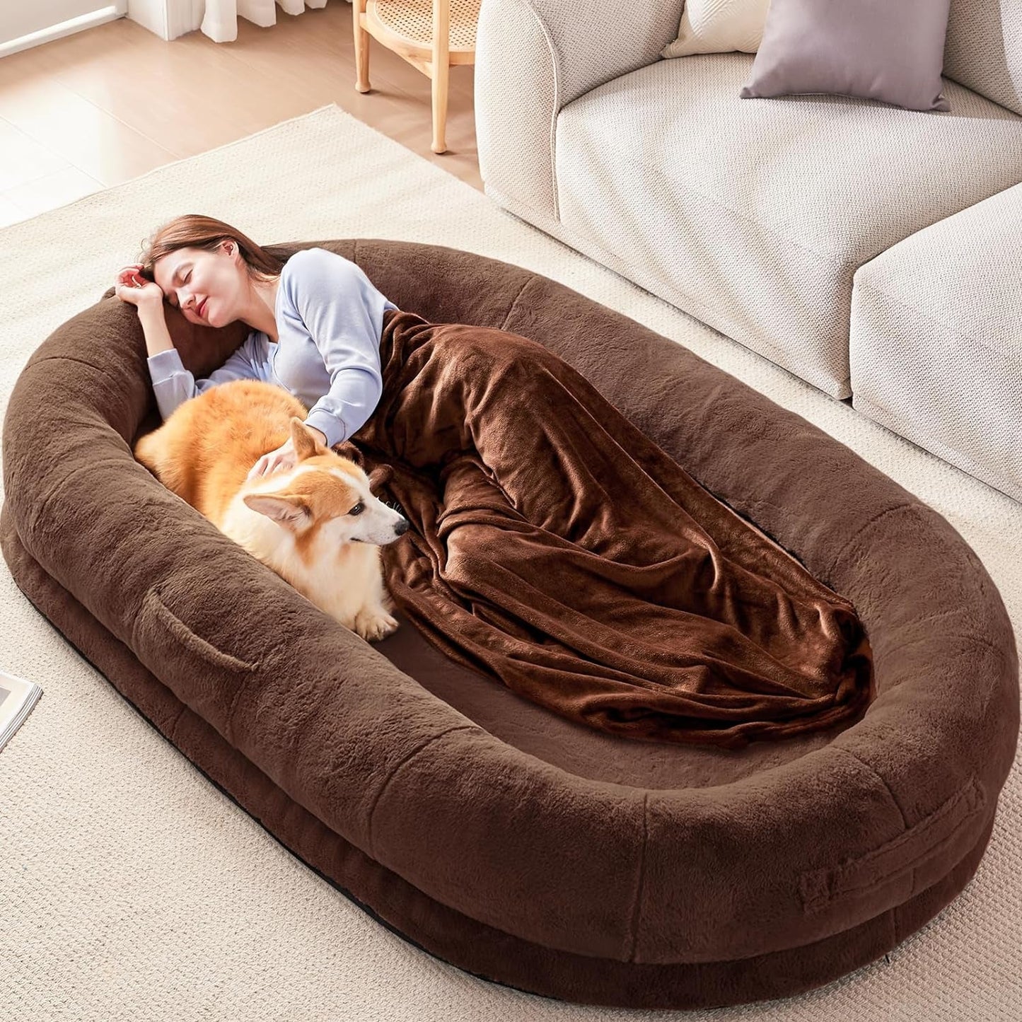 Human Dog Bed for People Adults, Giant Bean Bag Bed with Blanket 72"X48"X10", Washable Faux Fur Nap Bed Adult Oval for People, Removable Large Memory Foam Human Sized Dog Bed Brown