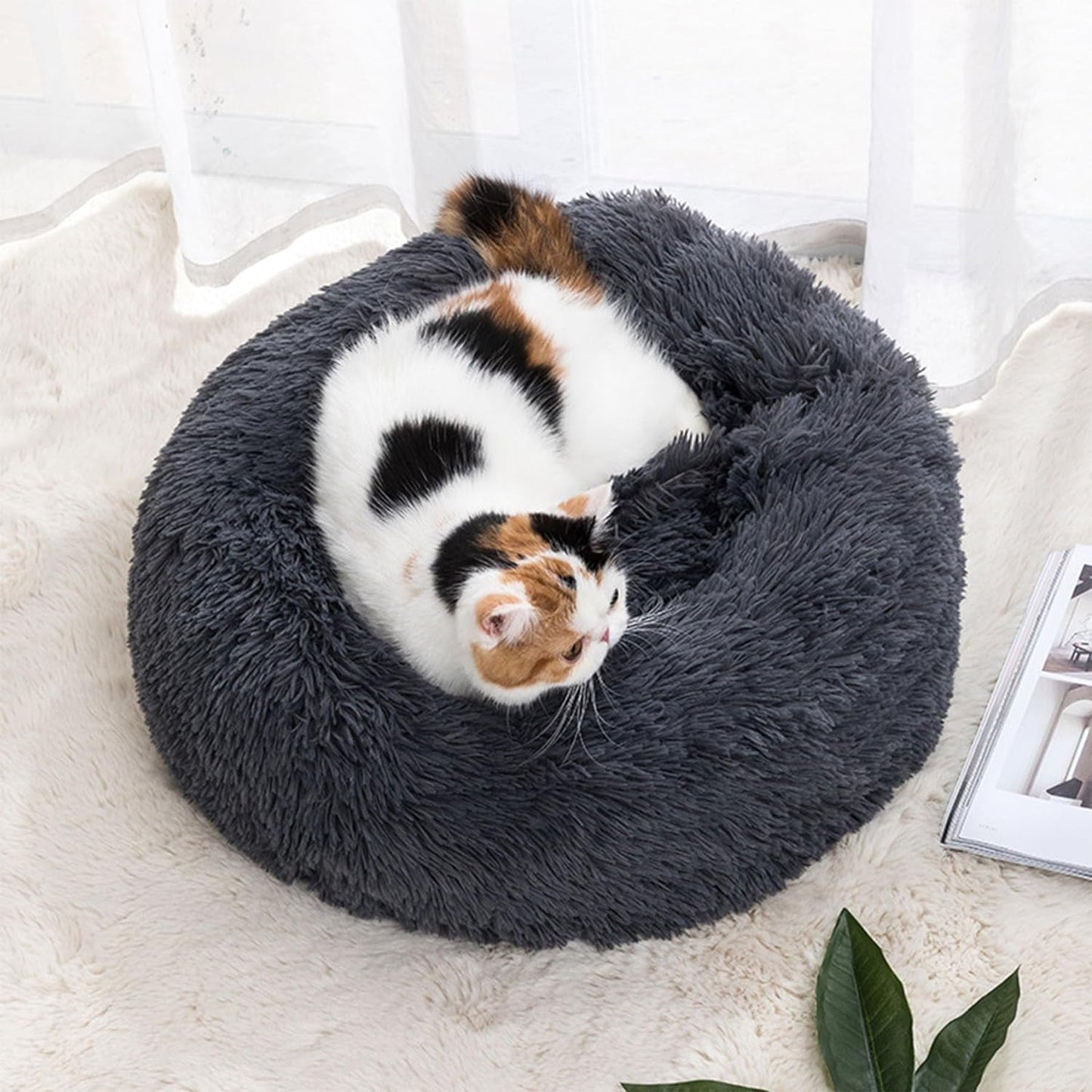 Cat Beds for Indoor Cats, 20 Inches Cat Bed Calming Plush Cat Bed Anti-Slip round Fluffy Dog Bed Donut Dog Bed Soft Puppy Pet Bed Cat Beds for Small Medium Dogs Kittens (Dark Grey)