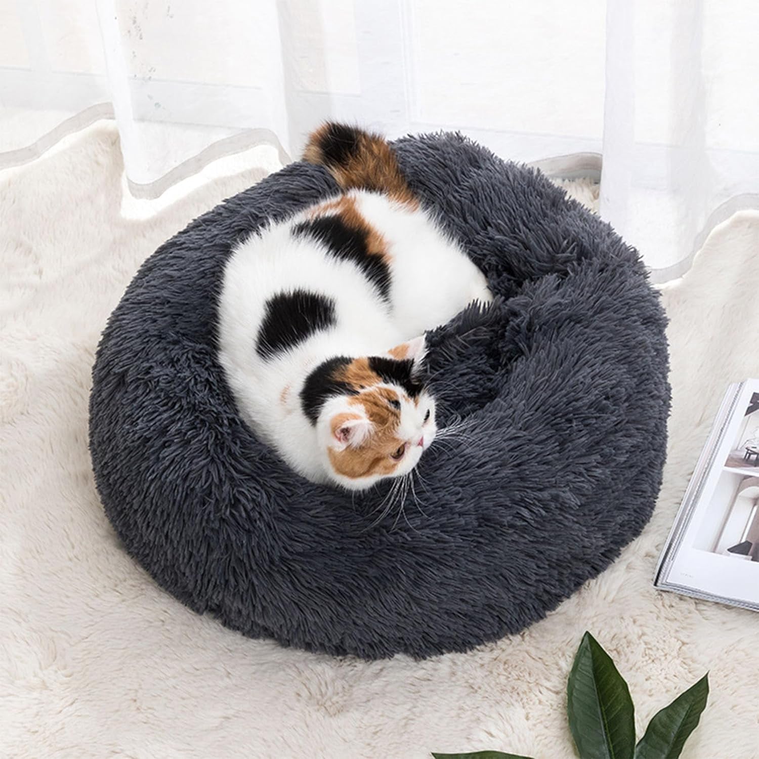 Cat Beds for Indoor Cats, 20 Inches Cat Bed Calming Plush Cat Bed Anti-Slip round Fluffy Dog Bed Donut Dog Bed Soft Puppy Pet Bed Cat Beds for Small Medium Dogs Kittens (Dark Grey)