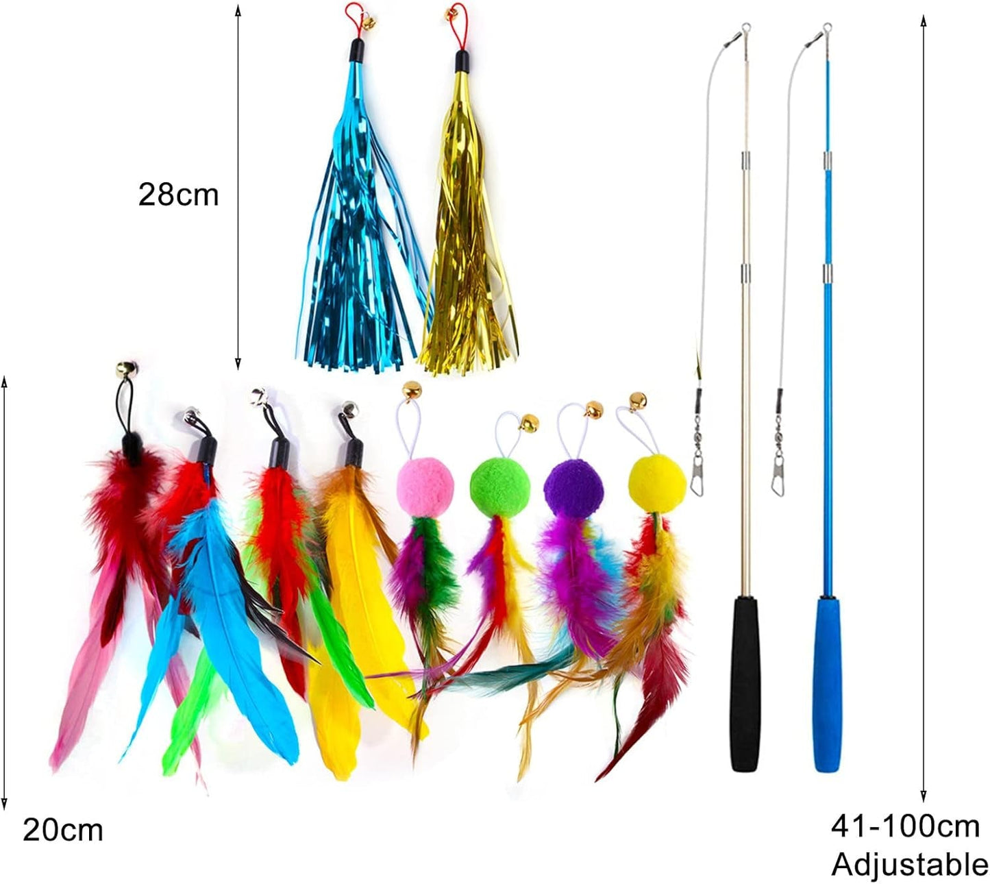 12Pcs/Set Cat Wand Toy Retractable Stress Relief Exercise Toy Cat Chasing Toy with 10 Feather Tassel Replacement for Indoor - Multicolor