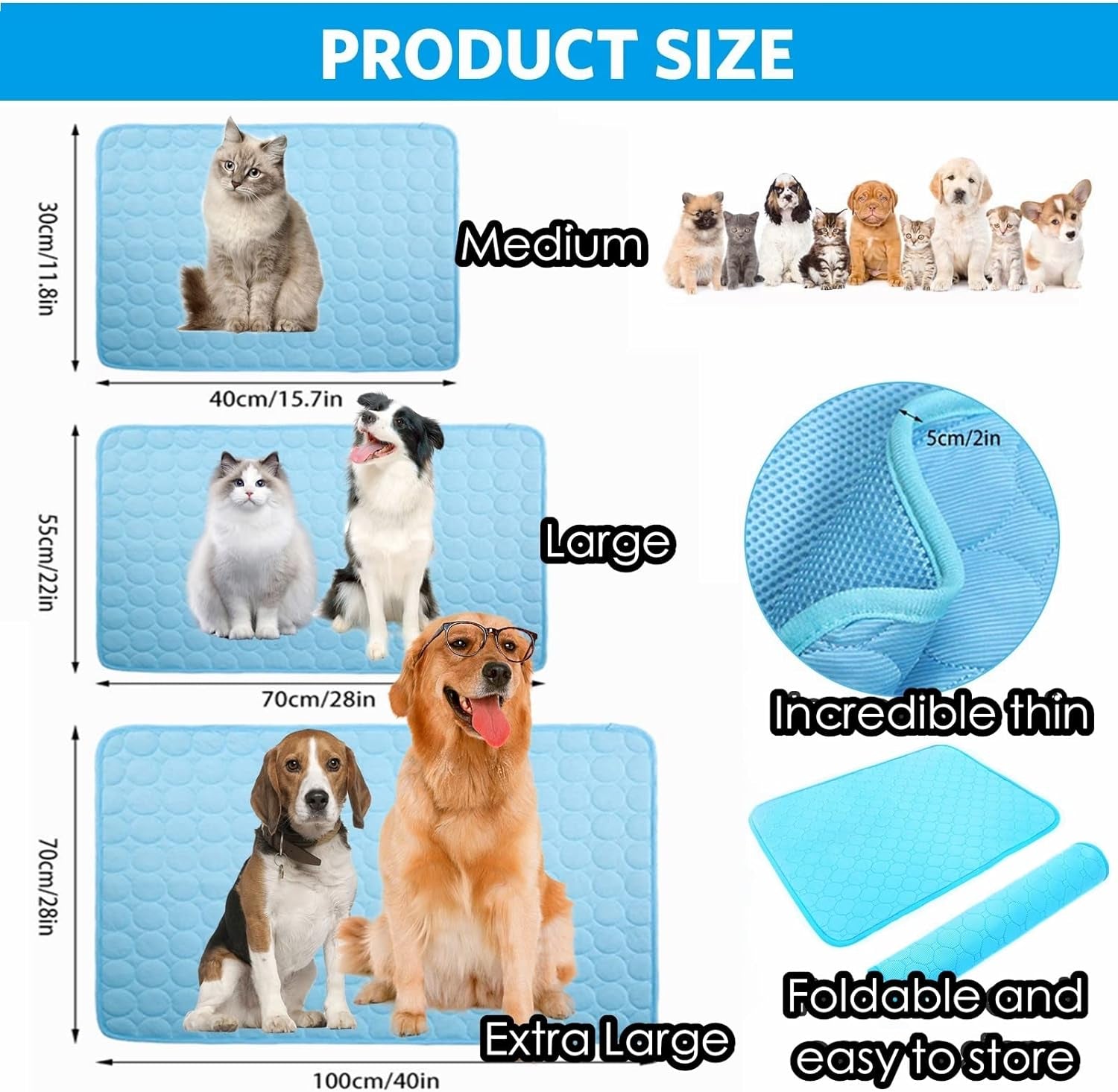 Dog Cooling Mat, Pet Cooling Mat for Dogs Cooling Blanket for Dogs Dog Cooling Pad for Kennels, Crates, Cars, Indoor & Outdoor Ice Silk Cooling Mat for Extra Large Dogs (Blue, L(28 * 22"))