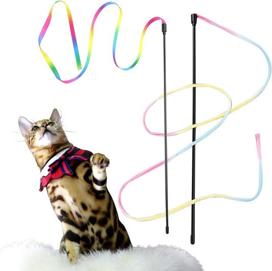 2 Pieces Interactive Cat Rainbow Wand Toys, Kitten Ribbon Toys, Colorful Cat String Teaser Wand - Pet Ribbon Dance Charmer for Cats Kittens Indoor Training Exerciser, Cats Toys for Strengthen Relation