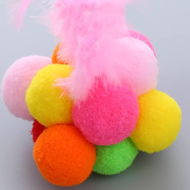 2 Pack Cat Plush Ball Toys with Feathers and Bells, Rainbow Color, for Small Animals