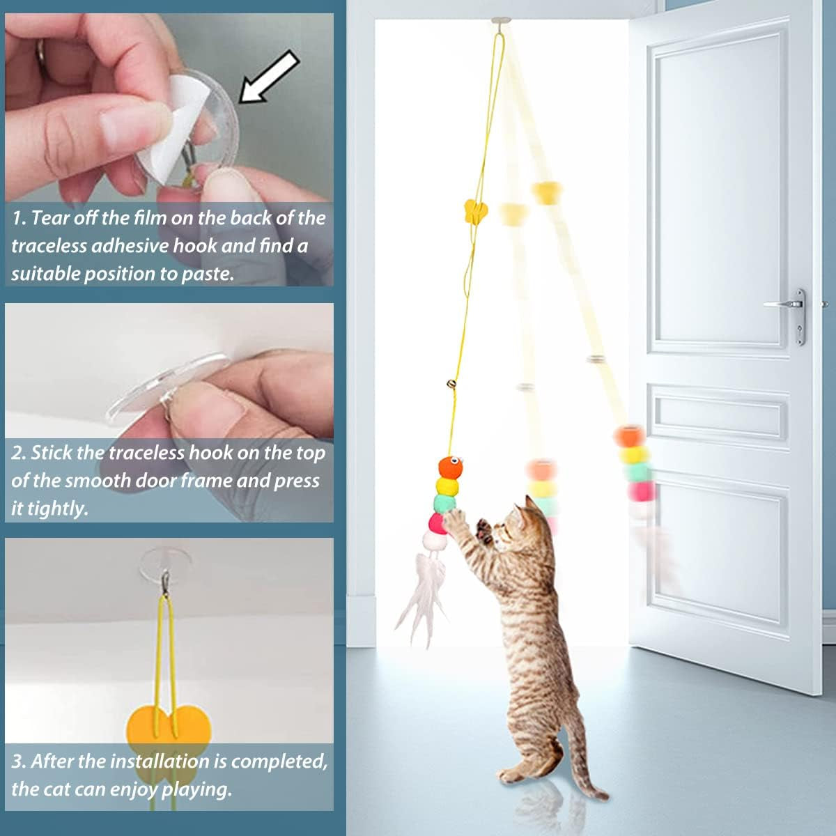 3 Pcs Butterfly Worm Interactive Cat Feather Teaser Toys, Adhesive Hook Door Hanging Toy for Indoor Cats Kitty Play Chase Exercise, Exercise Kitten Toys - Dragonfly/Tassels Worm (Feather Worm Toys)