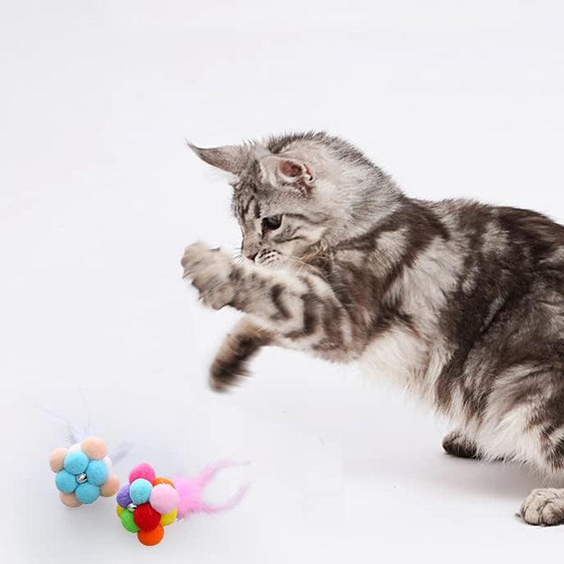 2 Pack Cat Plush Ball Toys with Feathers and Bells, Rainbow Color, for Small Animals