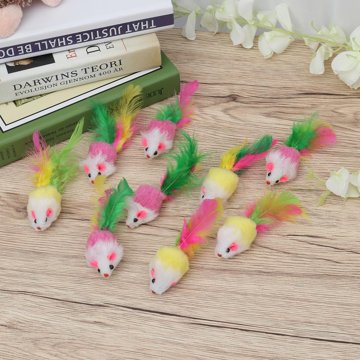 10 PCS Furry Pet Toys Mice Cat Toy Mouse Cat Catcher Toys with Feather Tails(Random Color)