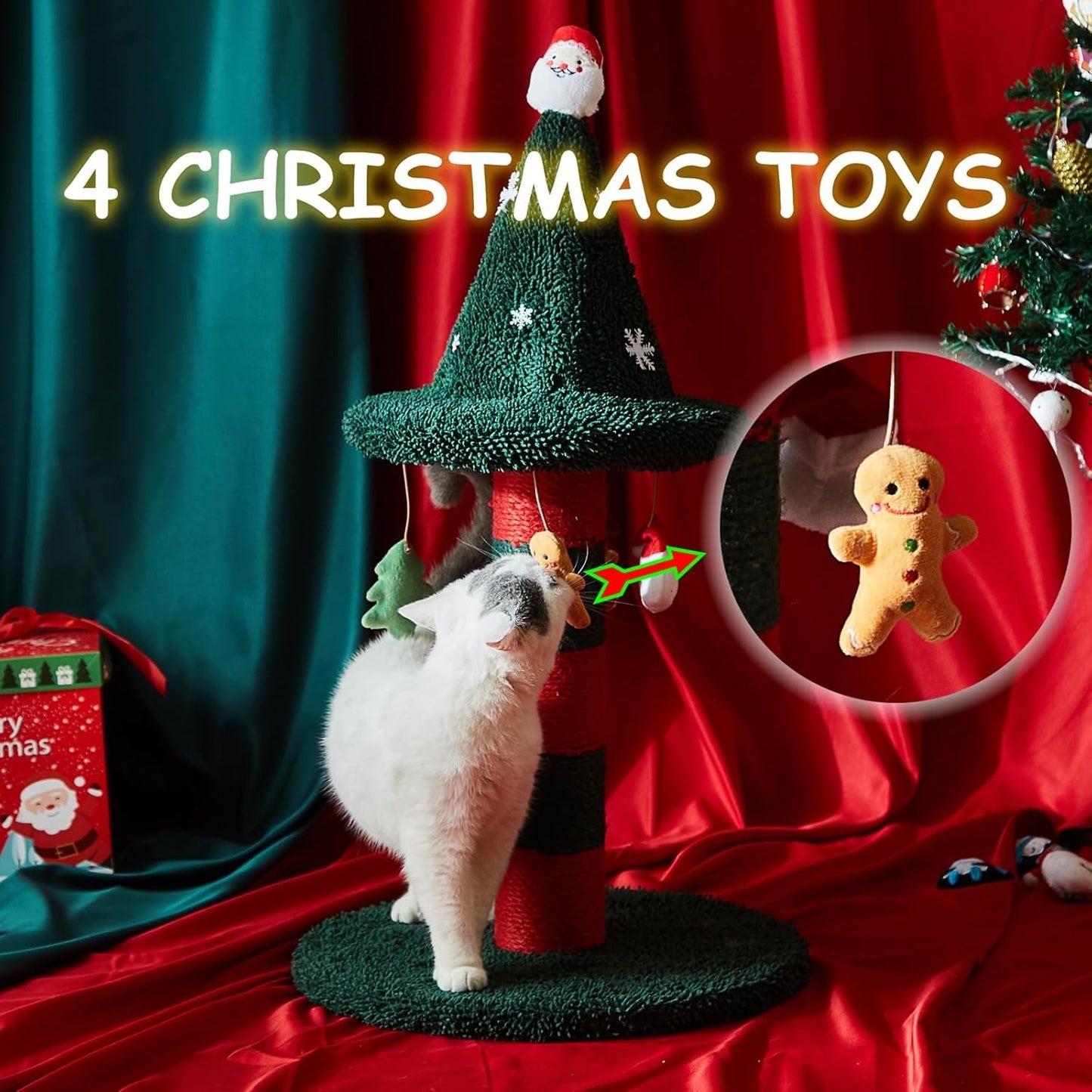 LUCKITTY Cat Scratching Post with 4 Hanging Plush Toy - Christmas Tree Alternative Give Your Cat a Toy and Scratching Post in One with This Ultimate Cat Tree 30 * 15 Inch Red Green