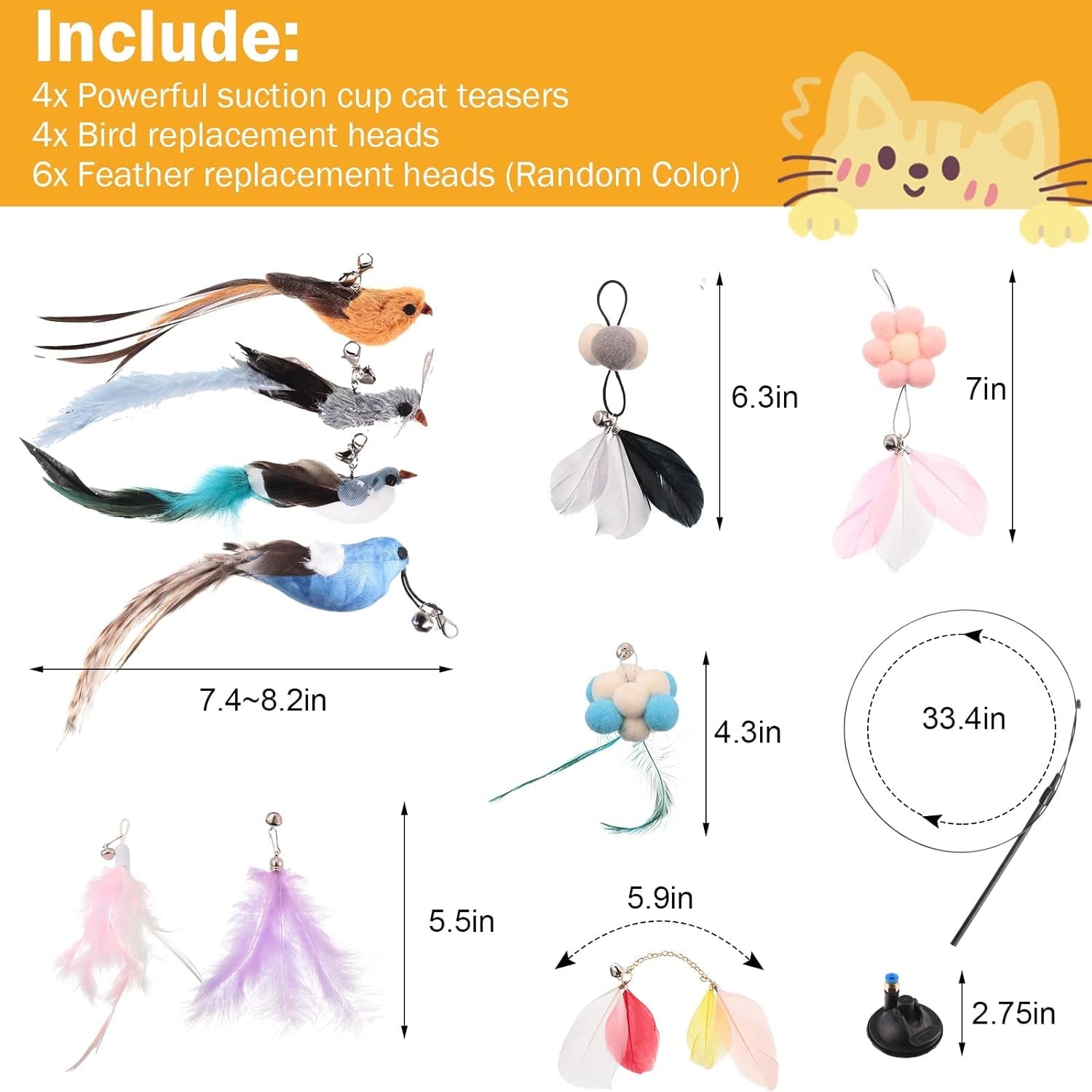 14 Pcs Cat Wand Feather Toys Set Include 4 Interactive Cat Toy with Suction Cup and 10 Teaser Refills Replacement with Bells Detachable Cat Toys for Cats Kitten Play Chase Exercise Indoor