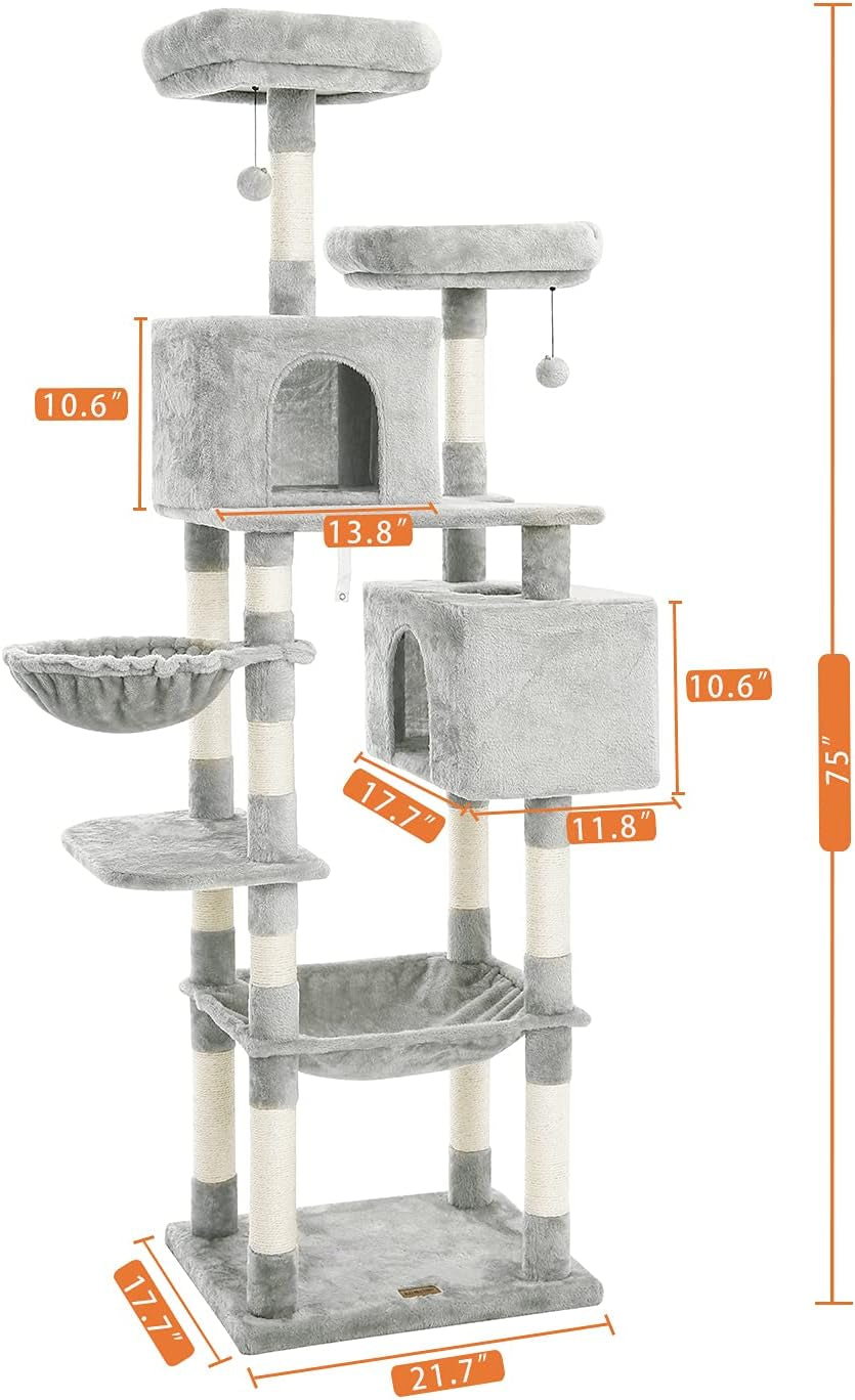 Kilodor Tall Cat Tree, 75Inch Cat Tower Multi Level Condo with Large Hammocks, Scratching Posts,Plush Perches Cat Activity Center Light Gray