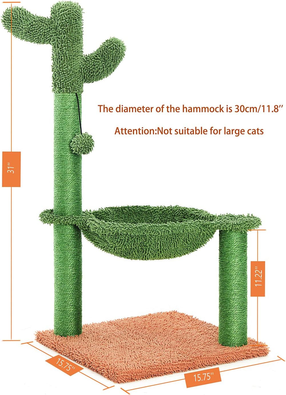 31" Cactus Cat Tree with Hammock and Full Wrapped Sisal Scratching Post for Small Cats Only Brown Medium