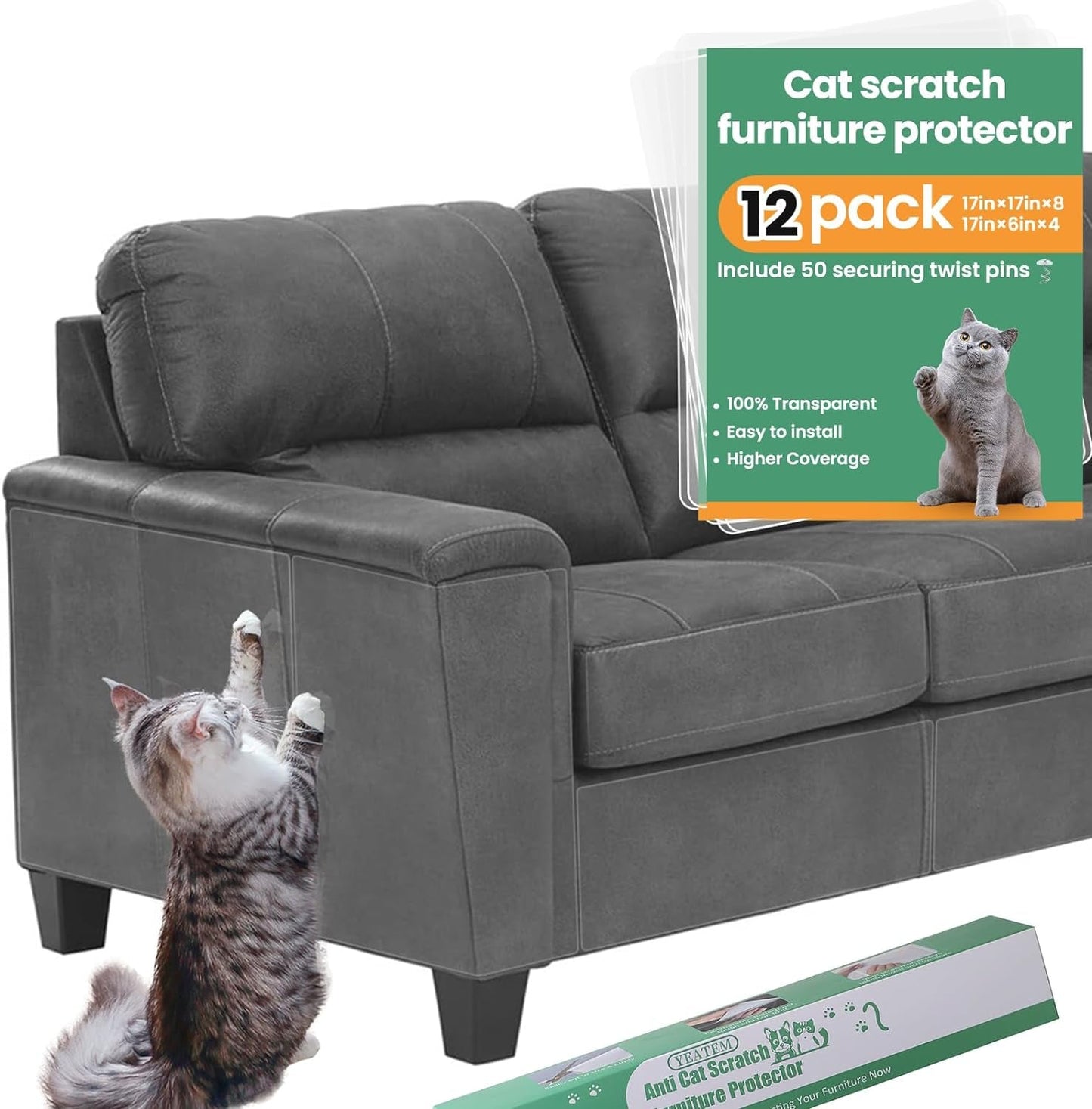 15Pack Cat Scratch Furniture Protector,Clear Couch Protector from Cat Claws, Single-Sided Self-Adhesive Cat Scratch Deterrent for Furniture Door Walls, Cat Scratch Deterrent Tape+50 Pins